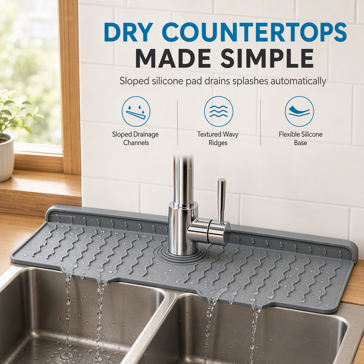 Black sink splash guard and faucet mat with sloped drainage