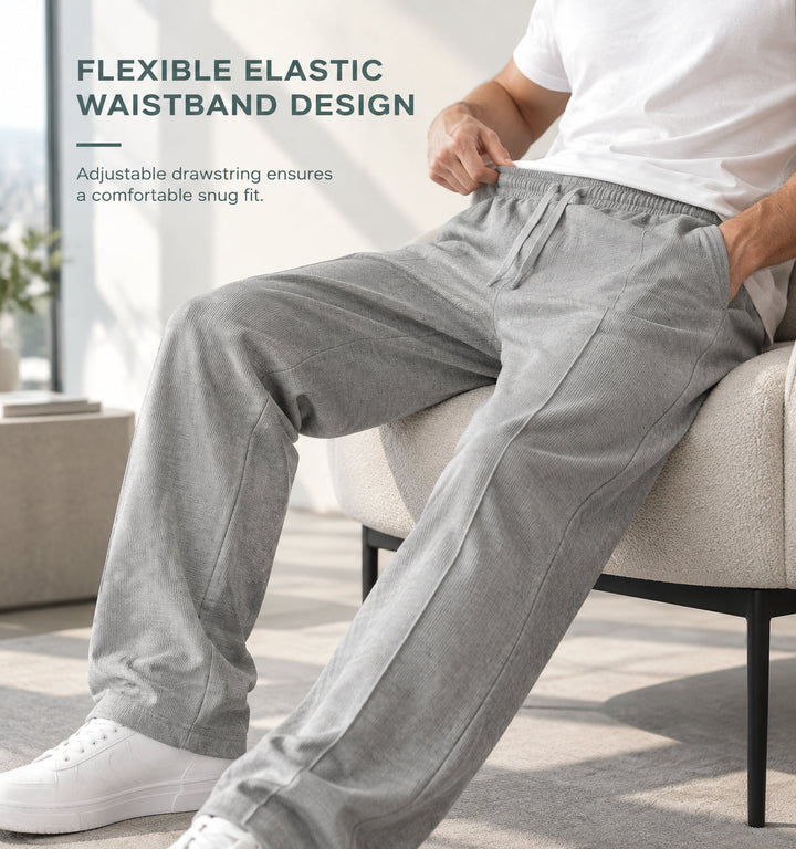 Front view of casual trousers for men featuring elastic waistband and pockets