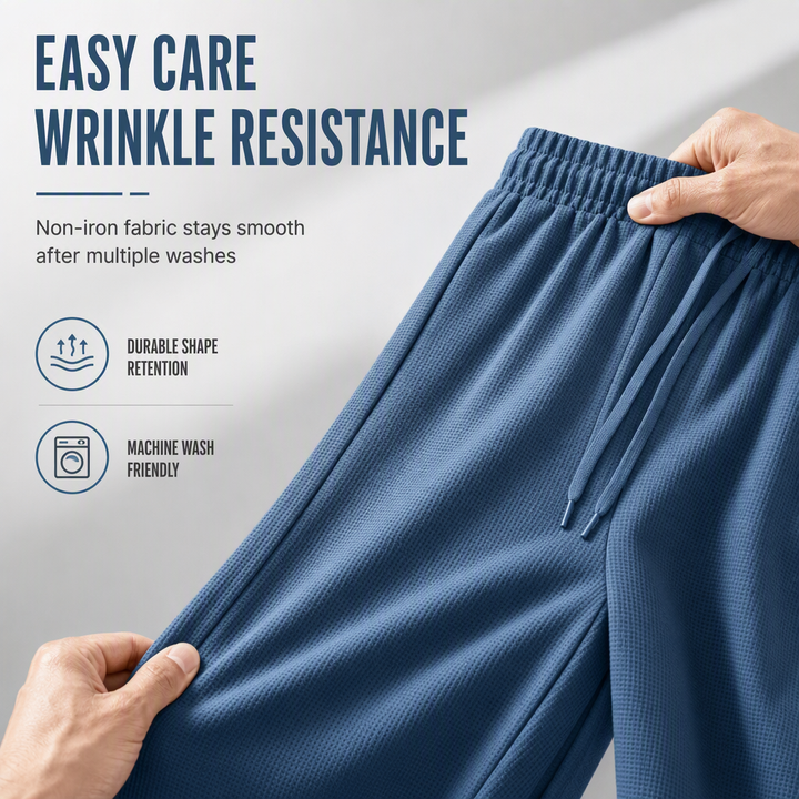 Close-up of the soft waffle knit texture on men's casual comfort trousers