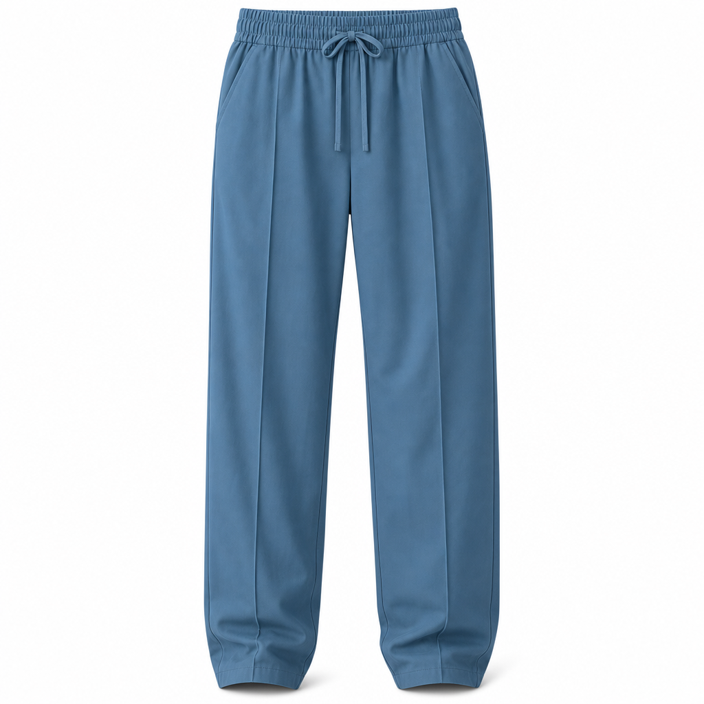 Full outfit view of men's comfort apparel paired with athletic sneakers