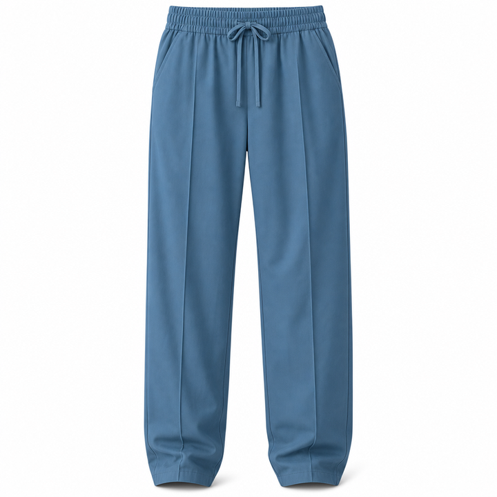 Full outfit view of men's comfort apparel paired with athletic sneakers