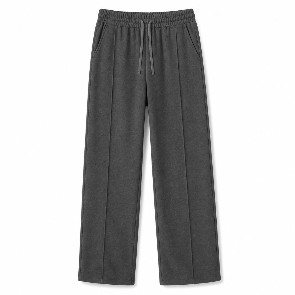 Flat lay of men's casual trousers folded neatly to show fabric quality
