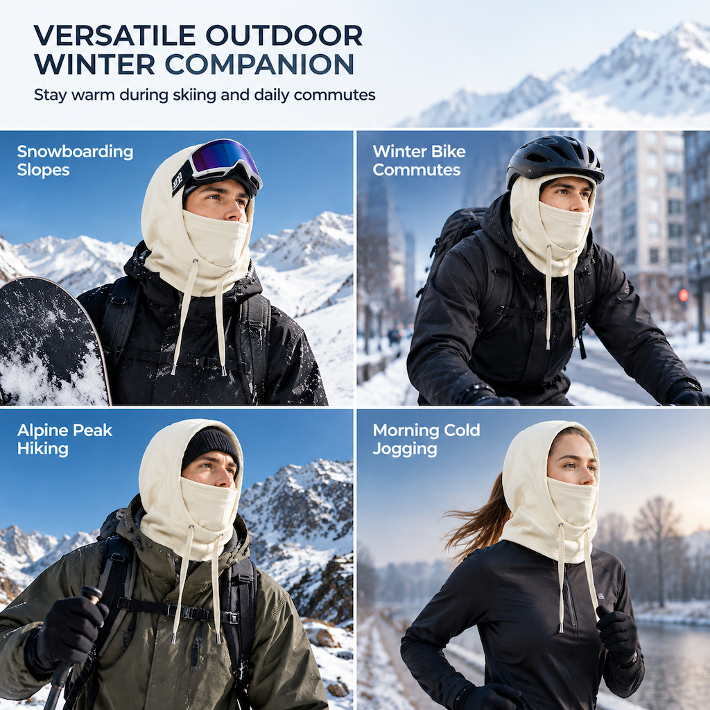 Person wearing the black winter windproof balaclava outdoors in snow