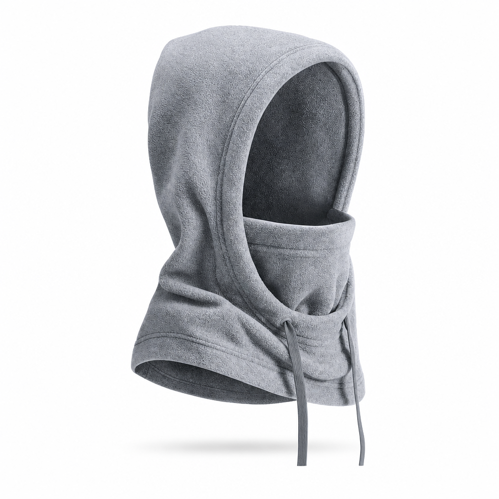 Hinged design of the unisex winter hat worn as an open-face neck gaiter