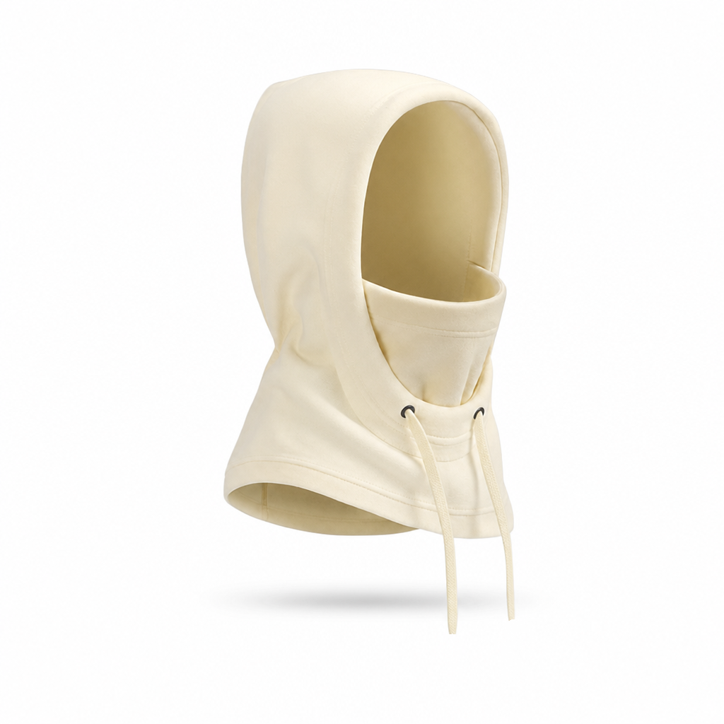 Pack of one black winter fleece balaclava laid flat on white surface