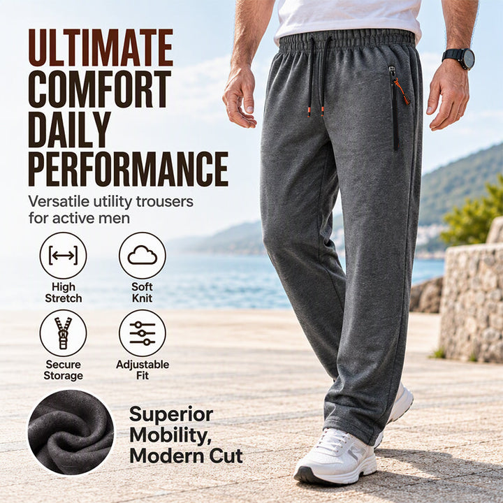 Men's winter thermal sweatpants in dark gray highlighting high stretch and soft knit features