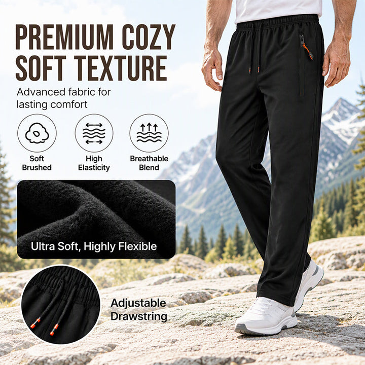 Close up fabric detail of warm winter pants showing soft fleece lining texture