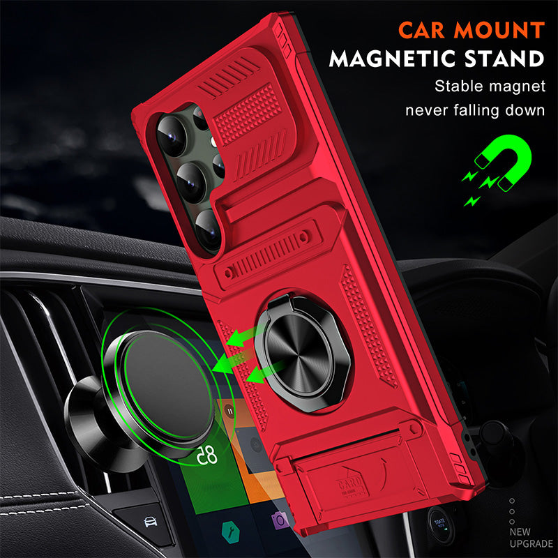 Back view of protective Samsung cover featuring integrated wallet slot and ring