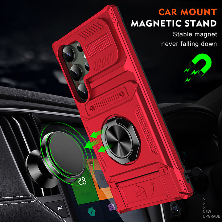 Back view of protective Samsung cover featuring integrated wallet slot and ring