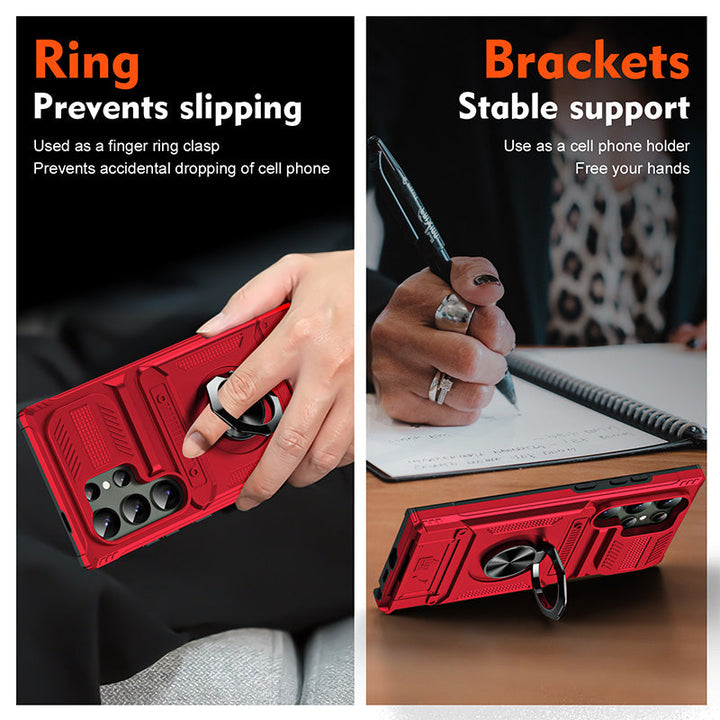 Samsung phone case showing foldable magnetic ring stand for hands-free viewing