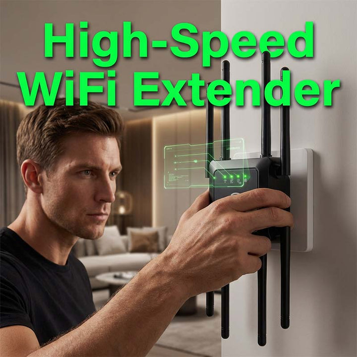 Front view of wireless internet booster and signal repeater with status indicator lights
