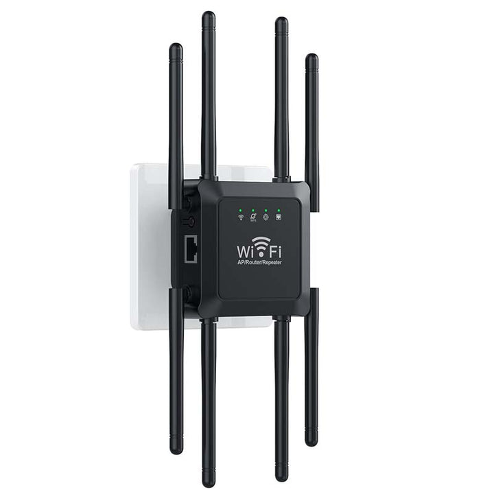 Universal long range WiFi extender with eight external antennas for whole home coverage