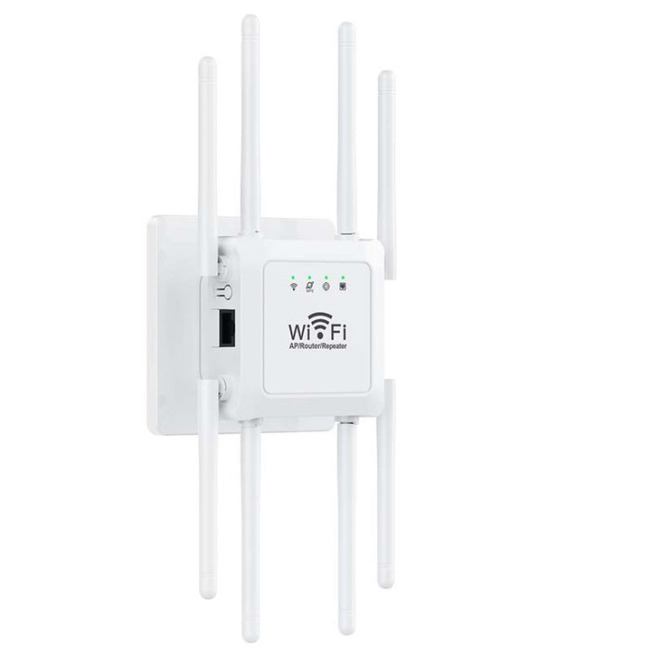 Dual band internet booster transmitting strong signal across a multi-story house