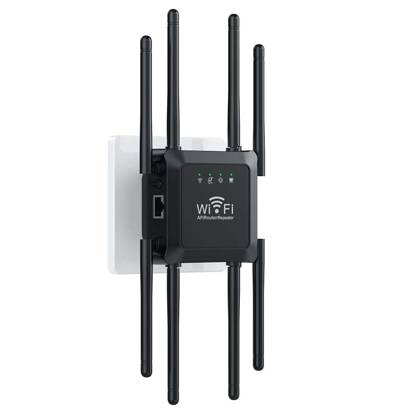 LED indicator lights glowing on the active WiFi range extender unit