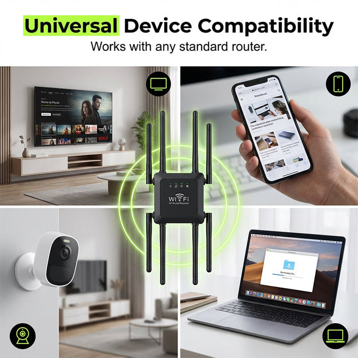 WiFi extender packaging box displaying product features and eight antenna layout