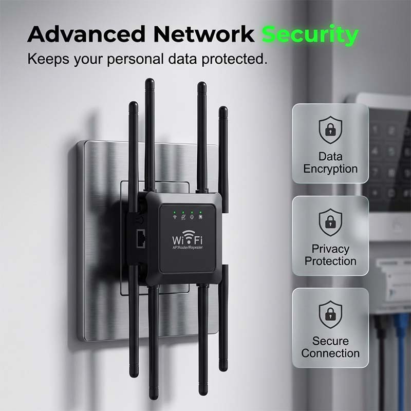 Home office network extender plugged into a standard wall outlet for easy setup