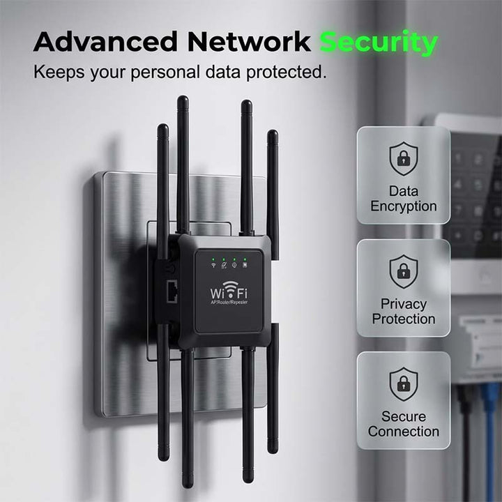 Home office network extender plugged into a standard wall outlet for easy setup