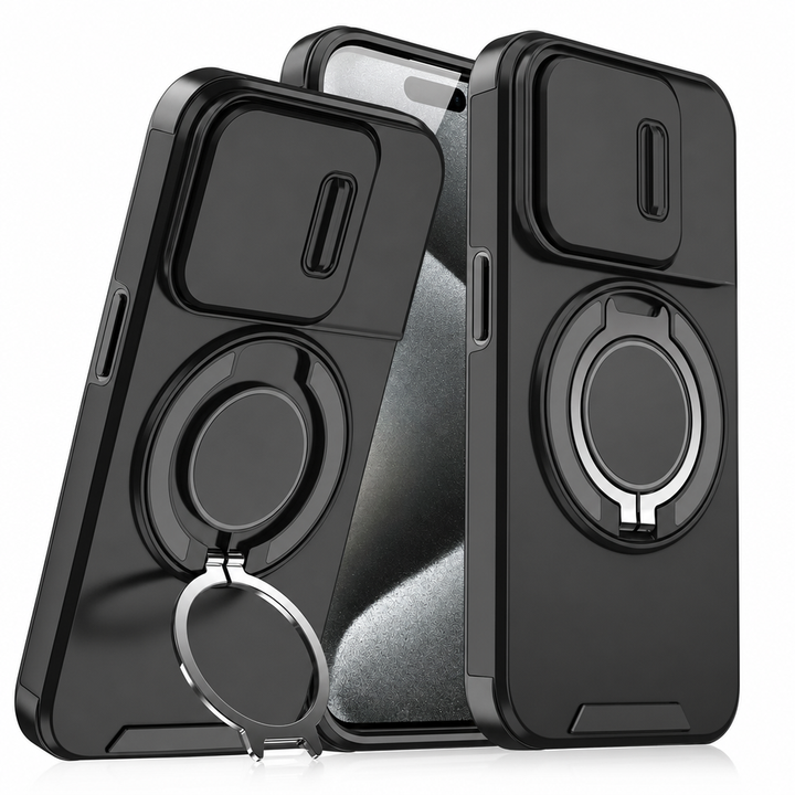 Black shockproof phone case with ring stand and sliding camera cover