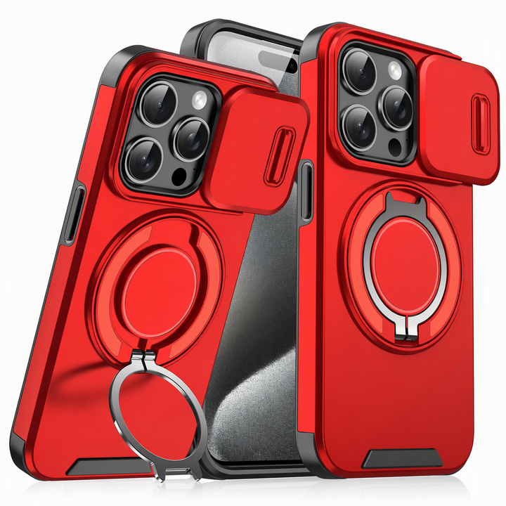 Red shockproof phone case with dual-layer design and built-in stand