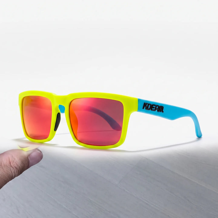 Yellow and blue square frame polarized sunglasses with red mirror lenses