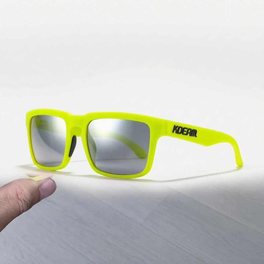 Bright yellow square frame polarized sunglasses with silver mirror lenses