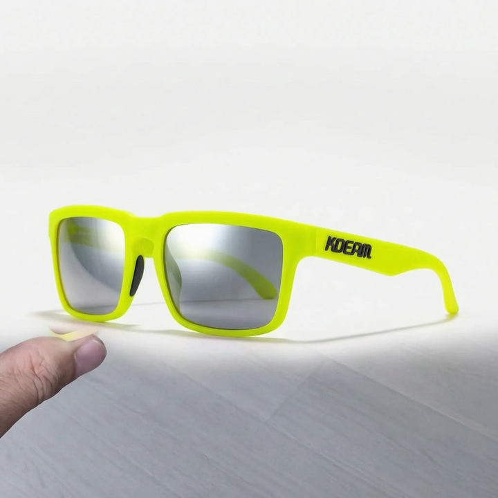 Bright yellow square frame polarized sunglasses with silver mirror lenses