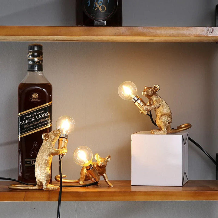 Charming mouse table lamp lighting up a cozy modern living room desk