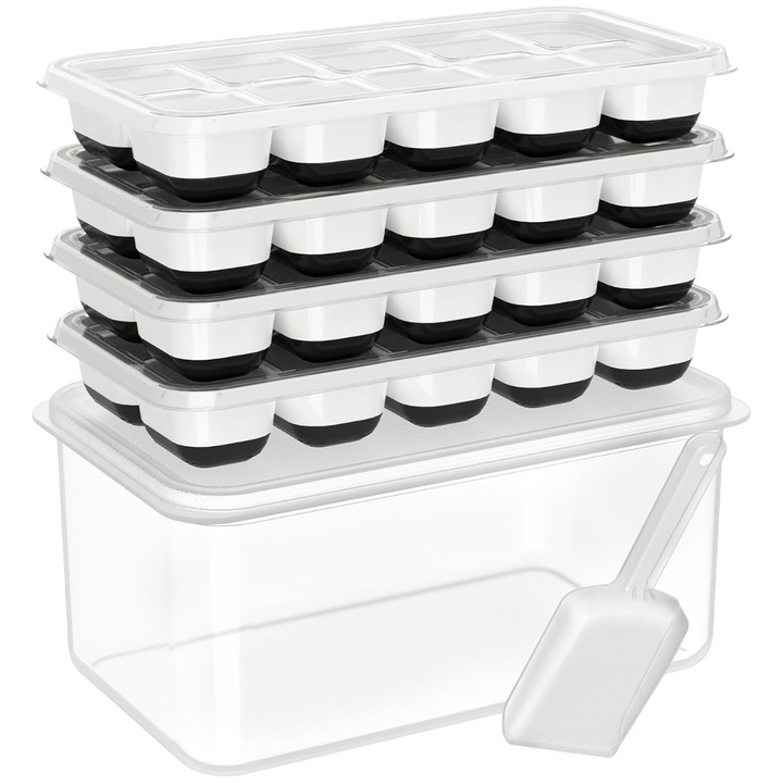 Stackable black and white silicone ice cube trays with storage box