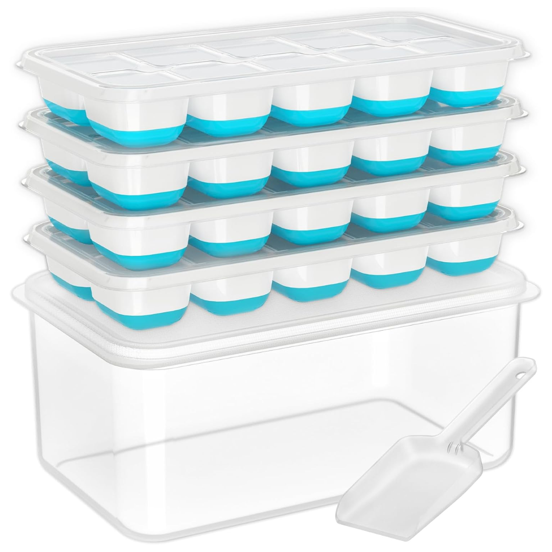 Stackable white and blue silicone ice cube trays with organizer bin