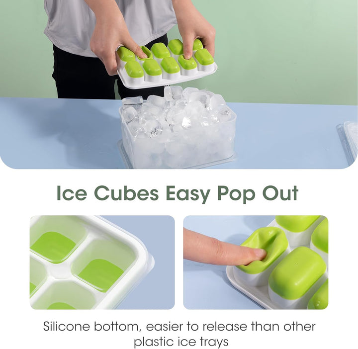 Close-up view of stackable silicone ice cube trays filled with ice