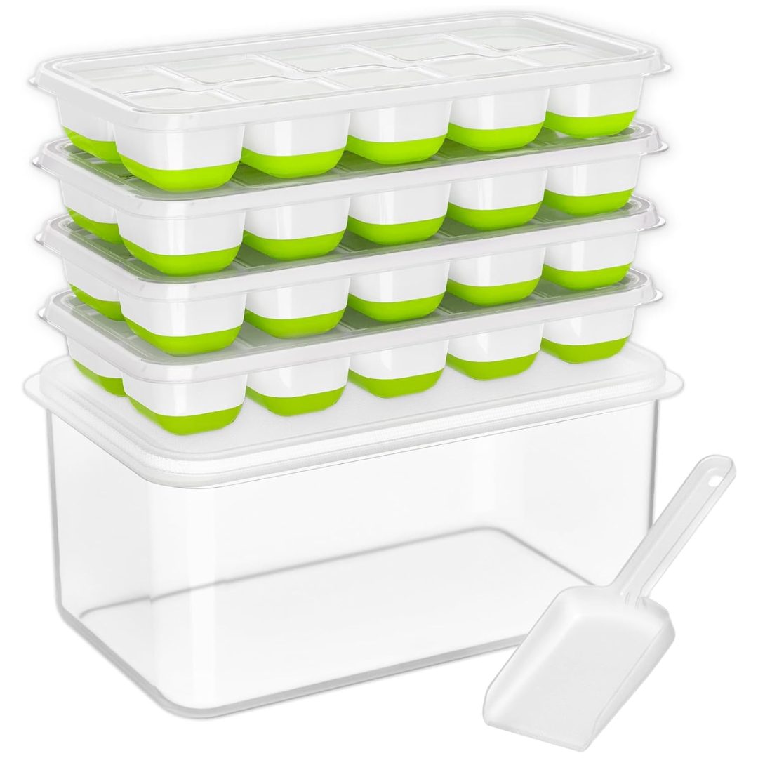 Stackable white and green silicone ice cube trays with clear storage bin and scoop