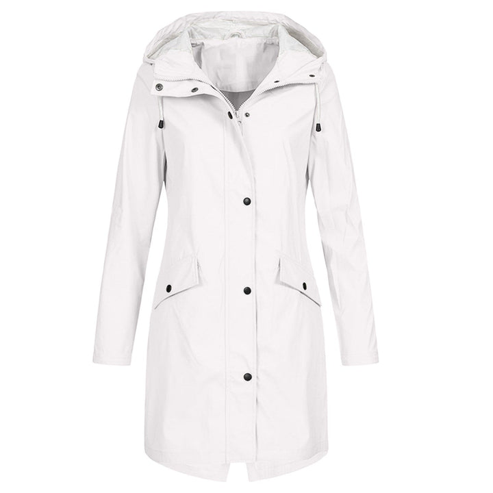 Close-up of fabric and zipper detail on women's mid-length weatherproof coat