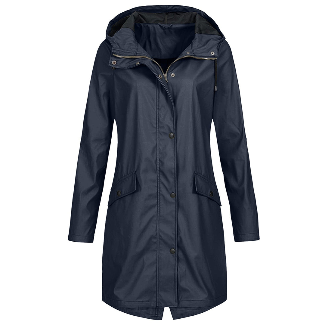 Stacy women's hooded mid-length coat in marine blue with front zipper and button closure
