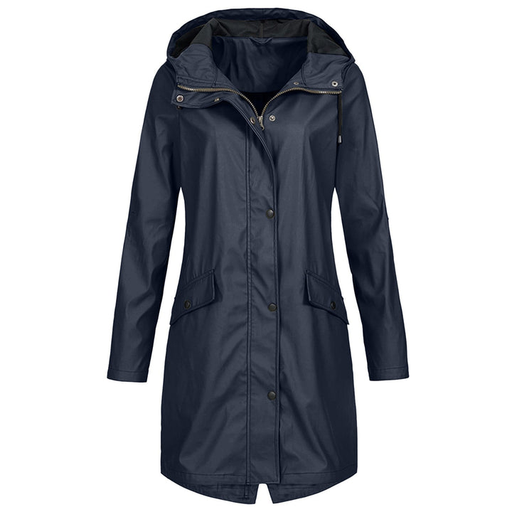 Stacy women's hooded mid-length coat in marine blue with front zipper and button closure