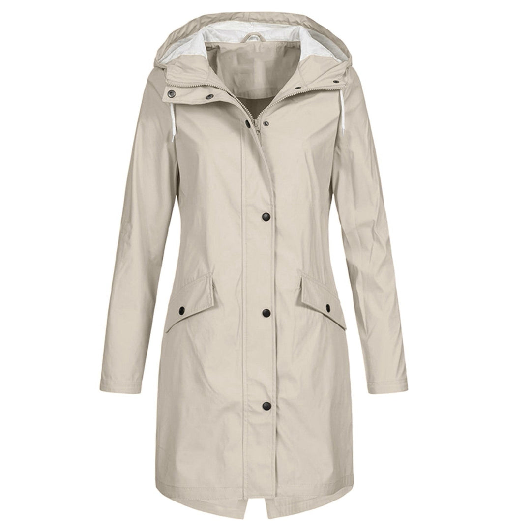 Stacy women's hooded mid-length coat in beige showcasing drawstring hood and pockets