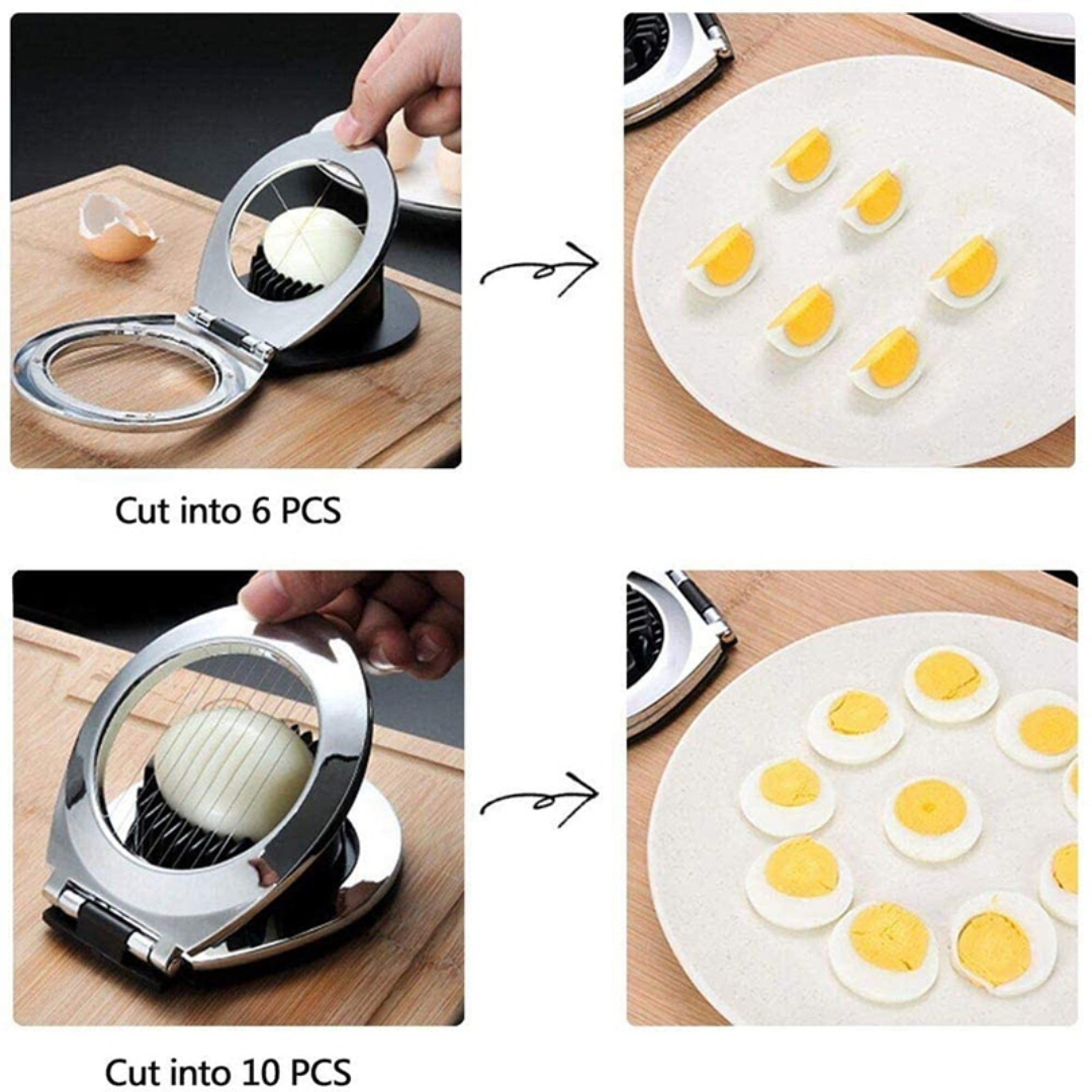 Demonstration of different cutting styles for eggs on plates