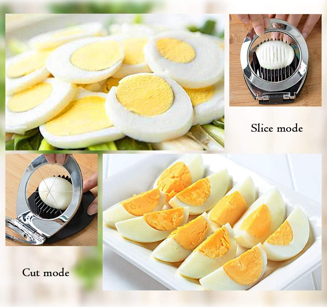 Stainless steel egg slicer showing multiple cutting styles for food preparation