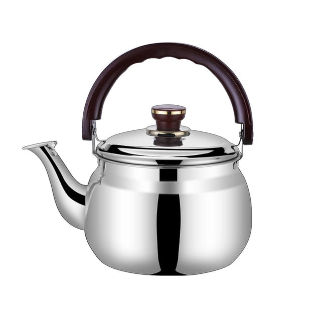 Stainless steel whistling kettle with dark ergonomic handle on white background