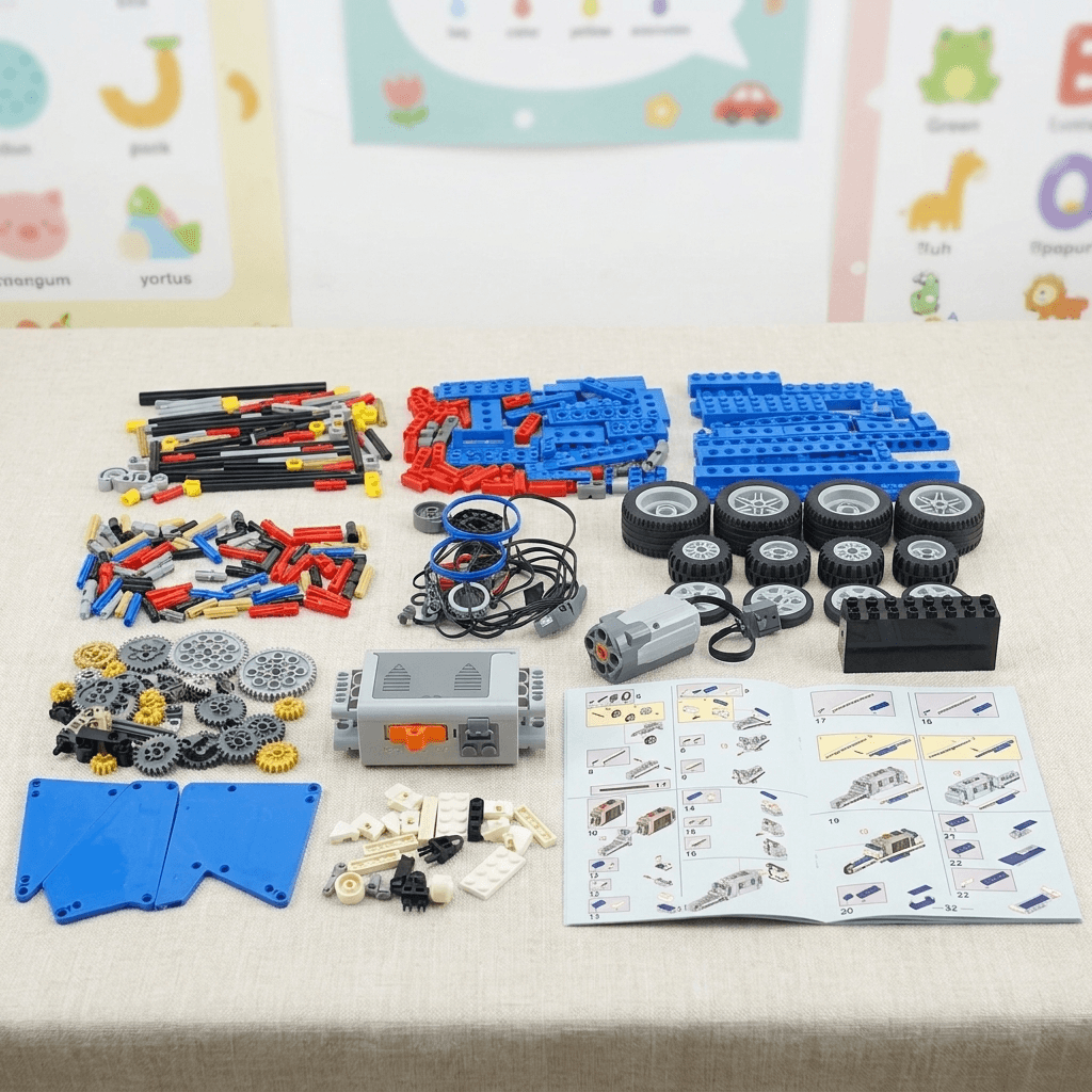 Kids STEM programmable motorized building set box and finished robot model