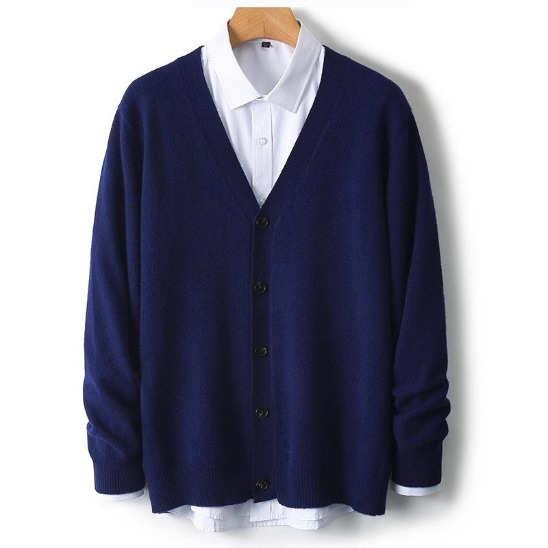 Detailed shot of the V-neckline and button closure on a men's cardigan