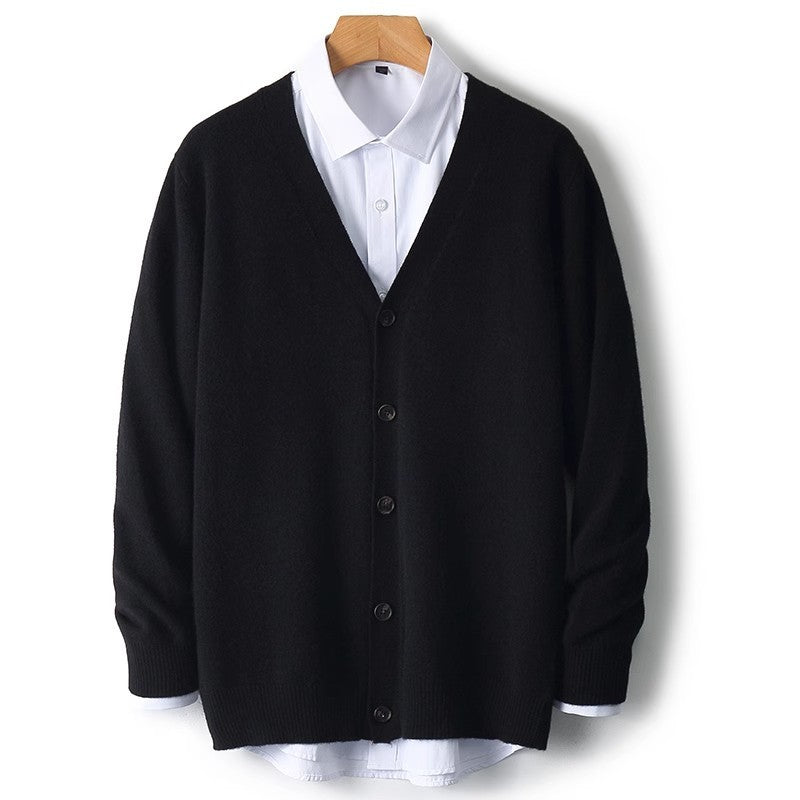 Men's casual cardigan sweater featuring durable buttons and fine knit texture