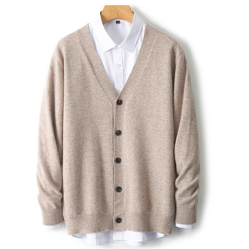 Full view of men's beige button-front cardigan displayed on a wooden hanger
