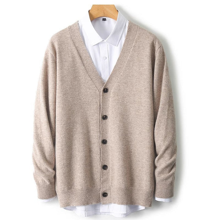 Full view of men's beige button-front cardigan displayed on a wooden hanger
