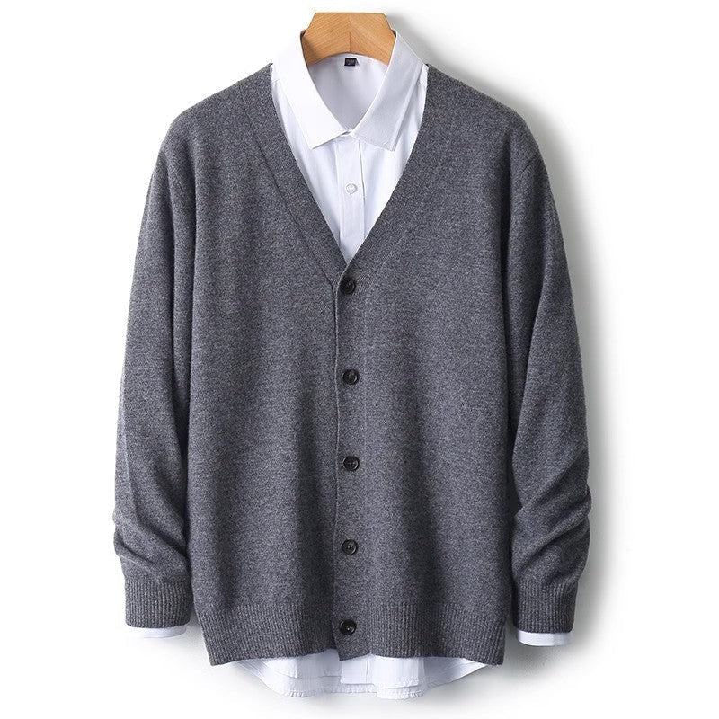 Back view of a classic men's V-neck cardigan sweater for daily wear