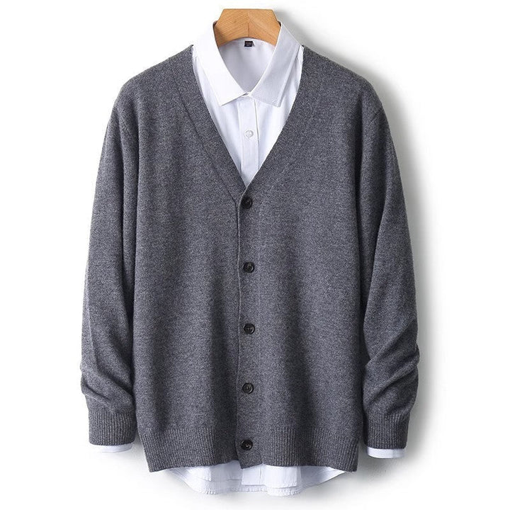 Back view of a classic men's V-neck cardigan sweater for daily wear