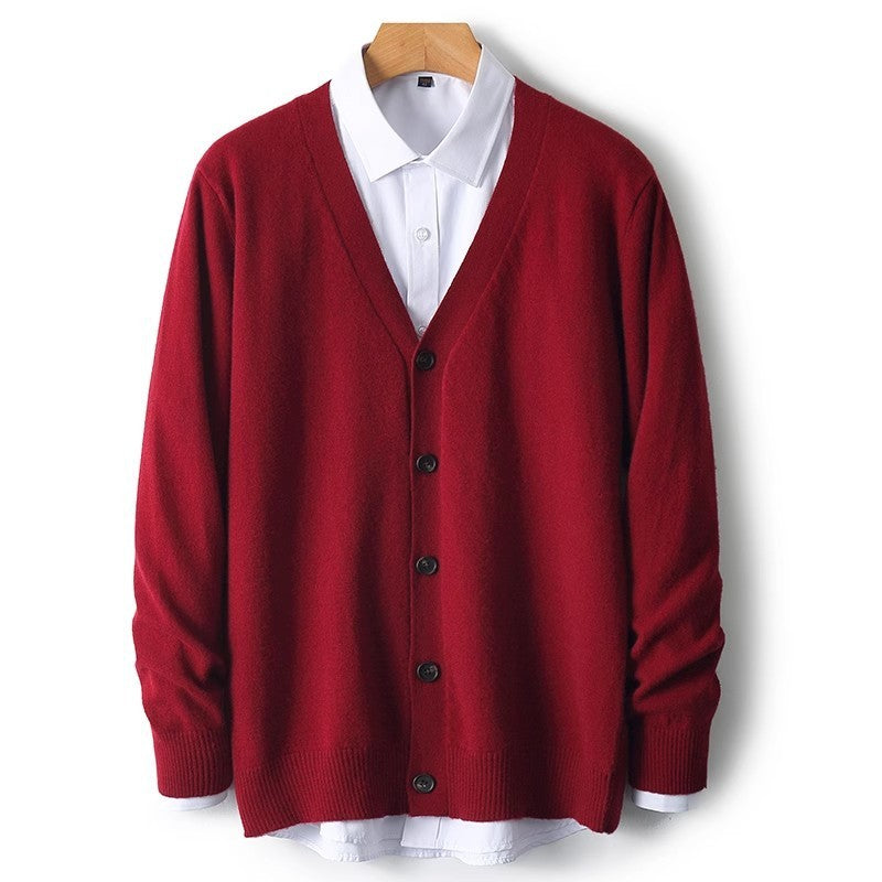 Folded men's knitwear cardigan showcasing versatile style and soft texture