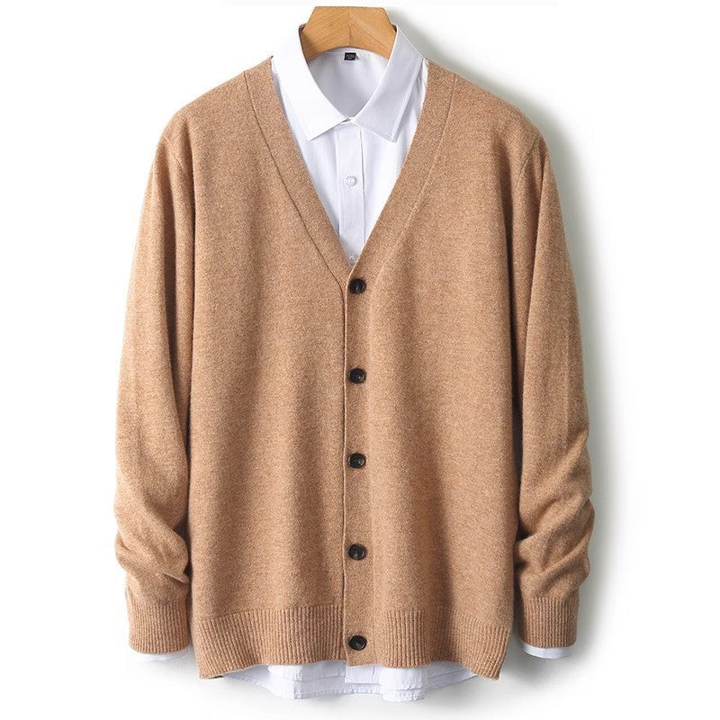 Men's V-neck button-front cardigan in soft knit fabric, casual layering sweater