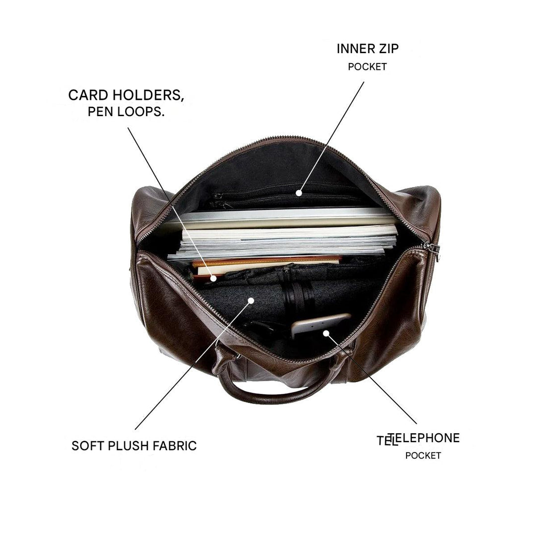 Interior view of brown duffel bag showing organized pockets