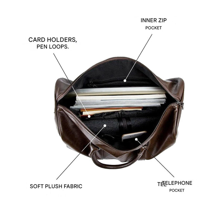 Interior view of brown duffel bag showing organized pockets