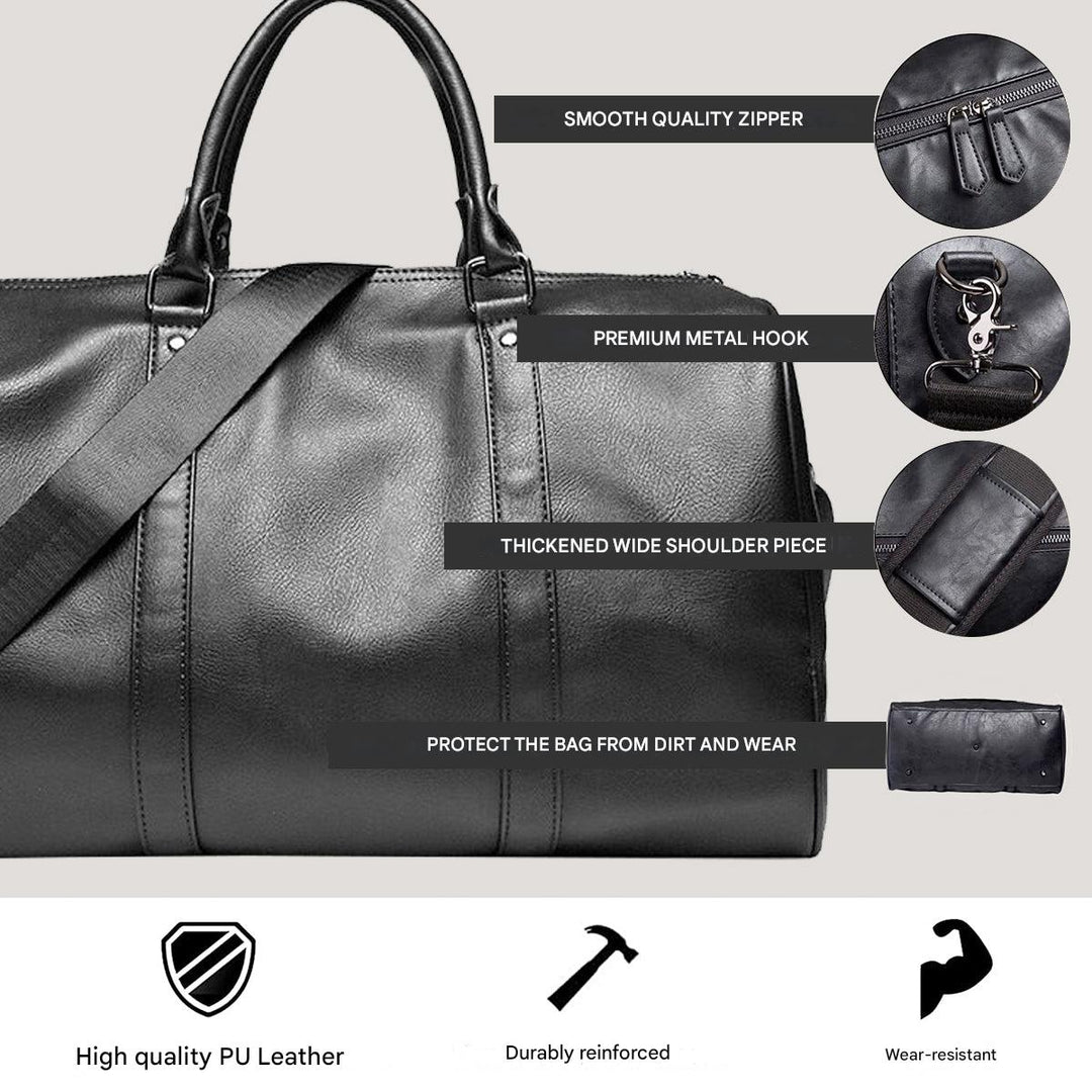 Close up features of black travel duffel bag hardware and base